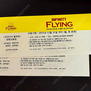 경주월드 인피니티 플라잉 관람권 2매를 35,000원에 팝니다.