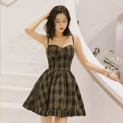 체크 뷔스티에 플레어 키작녀 미니원피스 이미지