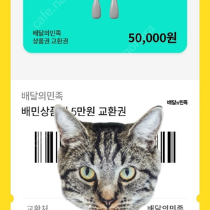 배달의 민족 기프티콘 5만원권 2장 판매해요!