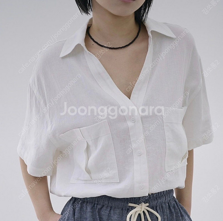 새상품 , 바이민 린넨 포켓 브이넥 셔츠 / 화이트 /...--0