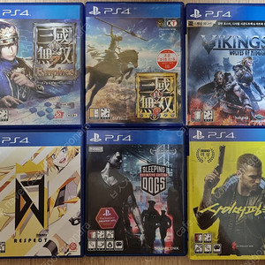 PS4 타이틀 6장 일괄(진삼국무쌍, 바이킹, 사이버펑크, 슬리핑독스, 디제이맥스)