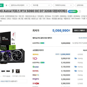 ASUS ROG Astral 지포스 RTX 5090 OC D7 32GB 대원씨티에스 미개봉새상품 급처