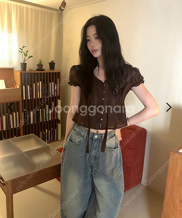 니어웨어 핀레 타이 반팔 블라우스 브라운 새상품--1