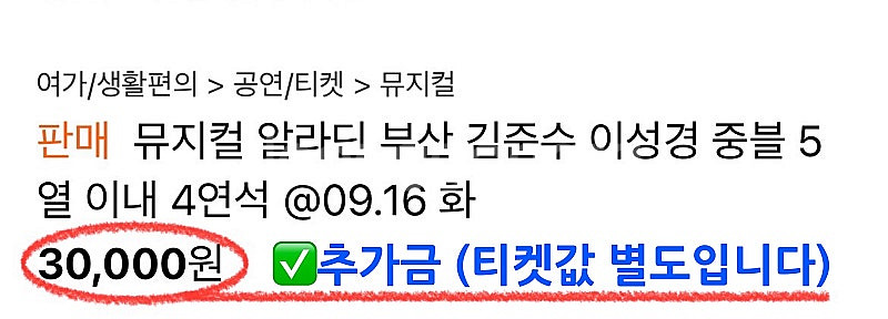 뮤지컬 알라딘 부산 김준수 이성경 중블 5열 이내 4연...--4