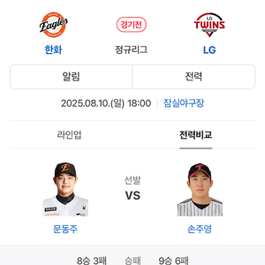 8월10일 엘지한화 307블록 2연석 판매