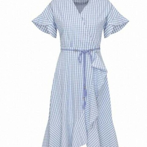 라인 블루 체크 프릴 랩 원피스 NROPJF01