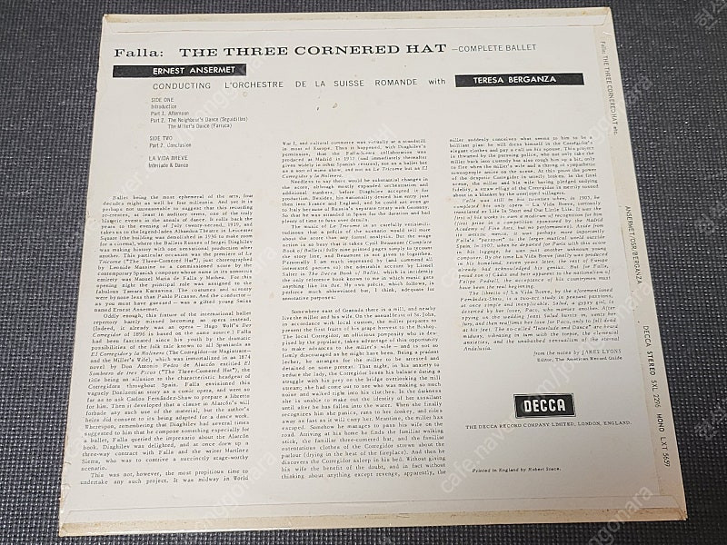 영국 DECCA 초반 FALLA THREE CORNERED HAT ED1 SXL 2296 LP 레코드판 이미지