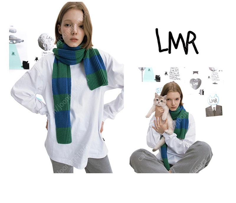 *새상품*LMR 메리노울 블럭스트라이프목도리머플러그린 이미지