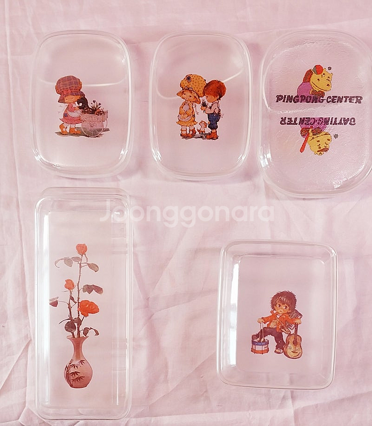 레트로 추억상환 오래된 투명 플라스틱 도시락통, 수저집...--0