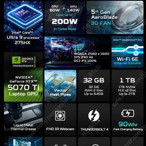 초고사양 에이서 ACER 프레데터 헬리오스 네오 16 RTX 5070Ti PHN16-73-9797 275hx