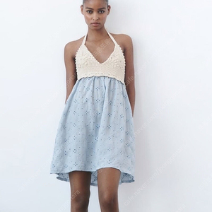 자라 자수 콤비 니트 원피스 홀터넥 크로쉐 xs