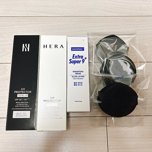 헤라 UV 프로텍터 톤업 선크림 2개+다이소 메디필 물광랩핑마스크 새제품+뷰티컬리 미사용퍼프 6개