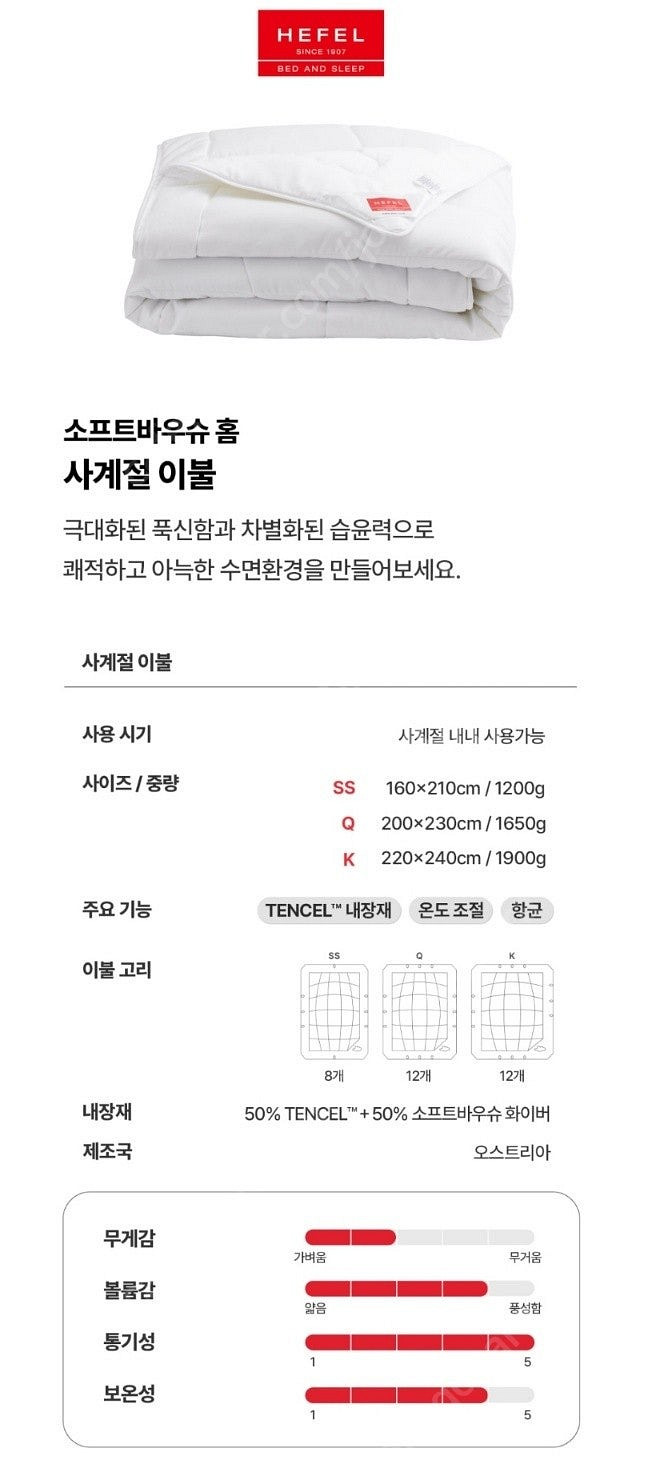 (새제품) 헤펠(HEFEL) 사계절 텐셀 이불 Q--9