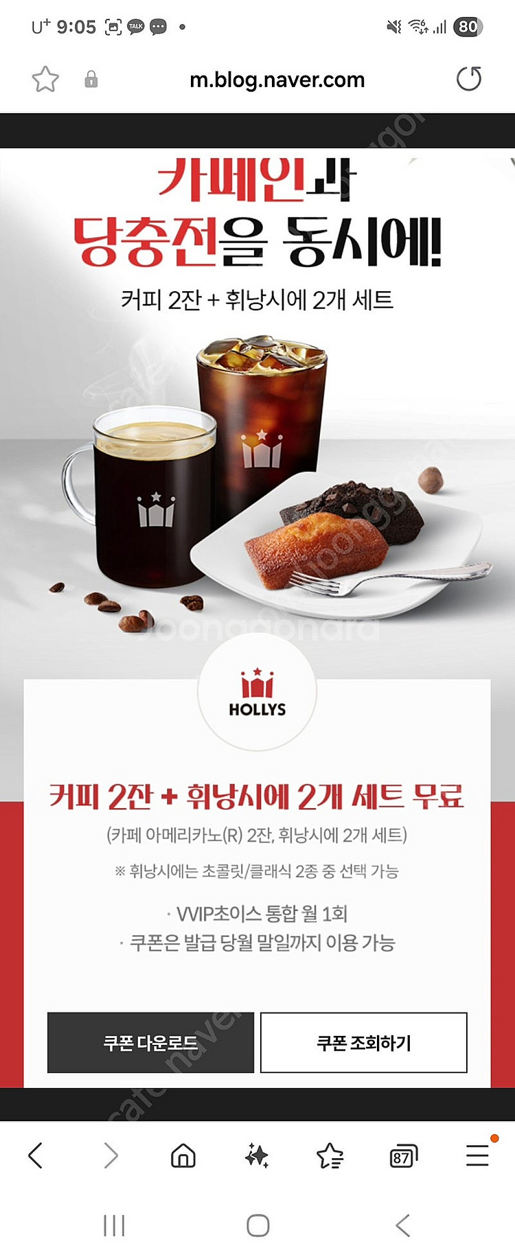 할리스 아메리카노 커피2잔+휘낭시에 2개 세트--0