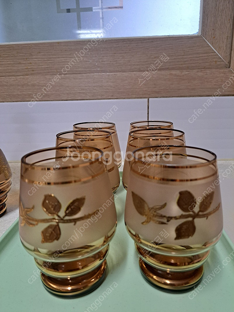 빈티지 체코 보헤미안 디켄터(카라파)와 컵 6개 세트--1