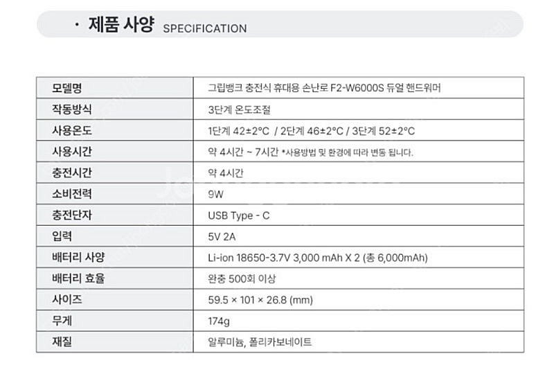 그립뱅크 F2-w6000s 충전식 휴대용 듀얼손난로 보...--2