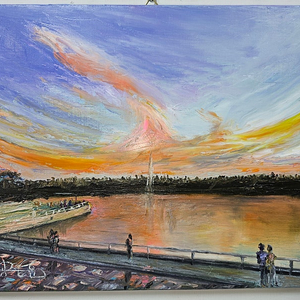 (원화) 6호 캔버스 유화그림 일산 호수 공원 석양 서양화