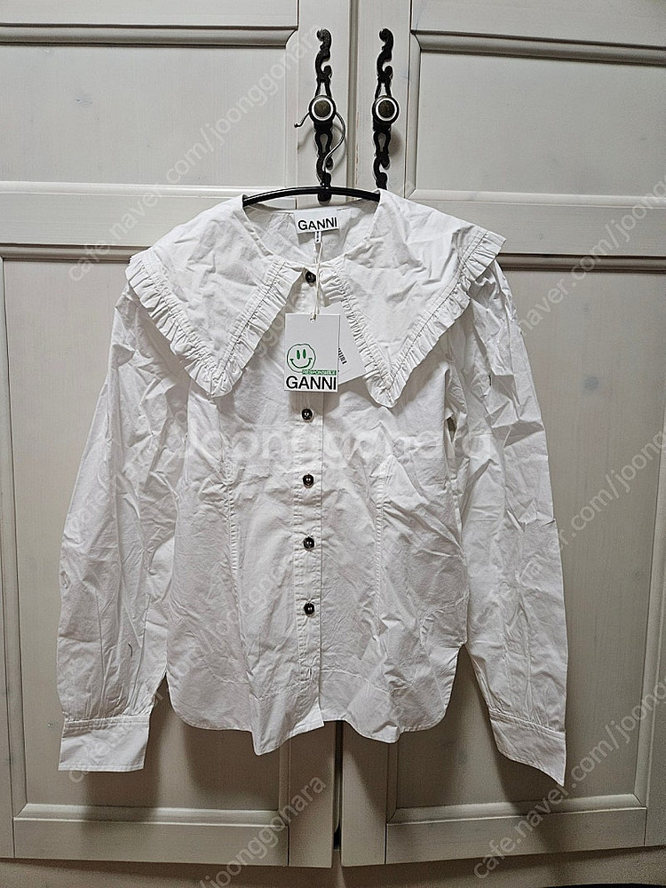 택포 새제품 가니 GANNI 프릴 칼라 포플린 셔츠 블...--0