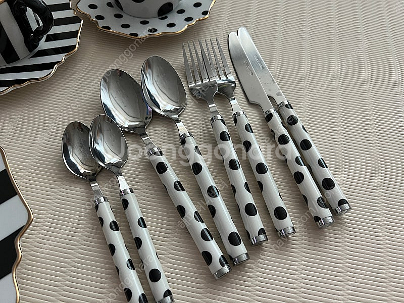 프랑프랑 도트 스트라이프 접시 컵 티포트 커트러리 세트--1