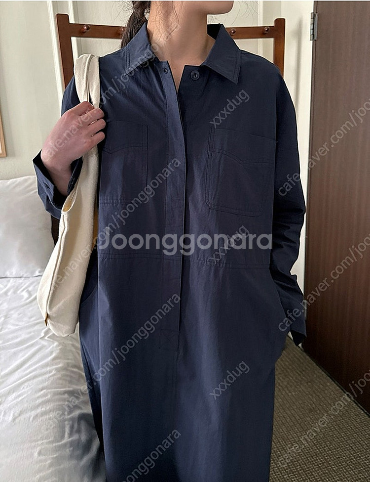 새상품/베이지/네이비/루즈핏 캐쥬얼 포켓 셔츠 롱원피스 오버핏 주머니 긴팔--0