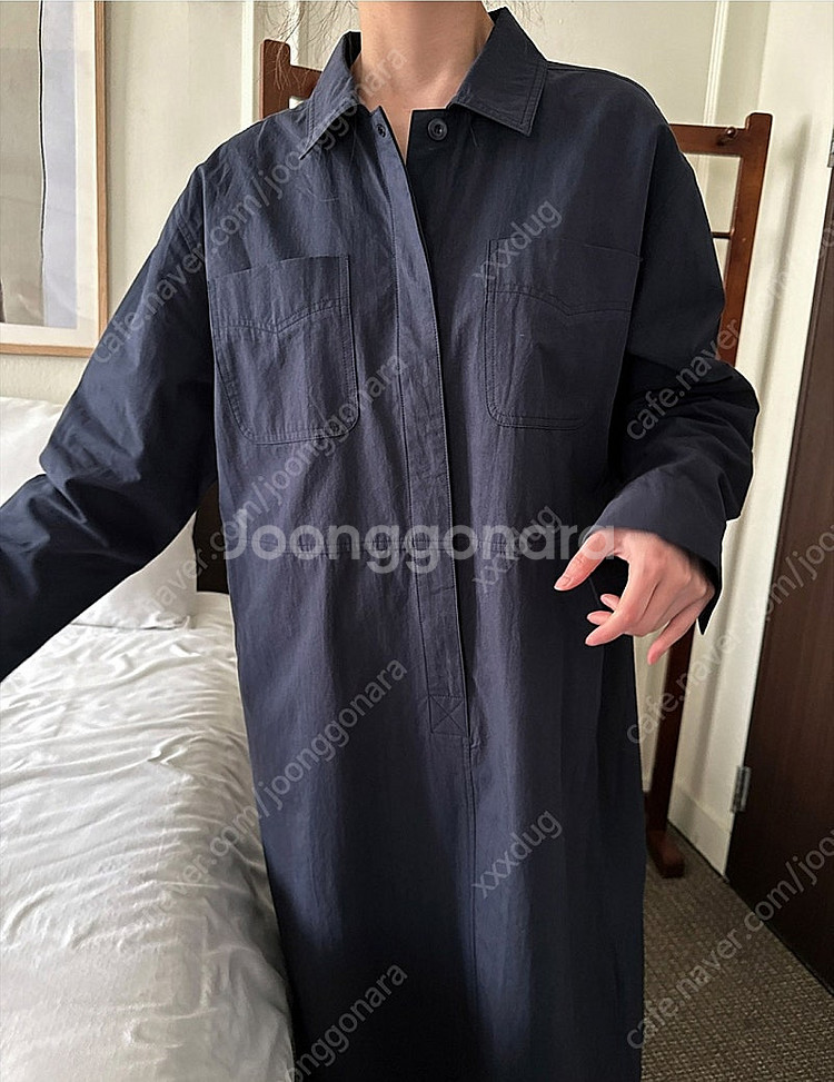 새상품/베이지/네이비/루즈핏 캐쥬얼 포켓 셔츠 롱원피스 오버핏 주머니 긴팔--2