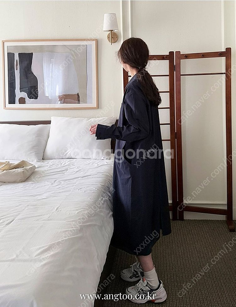 새상품/베이지/네이비/루즈핏 캐쥬얼 포켓 셔츠 롱원피스 오버핏 주머니 긴팔--4