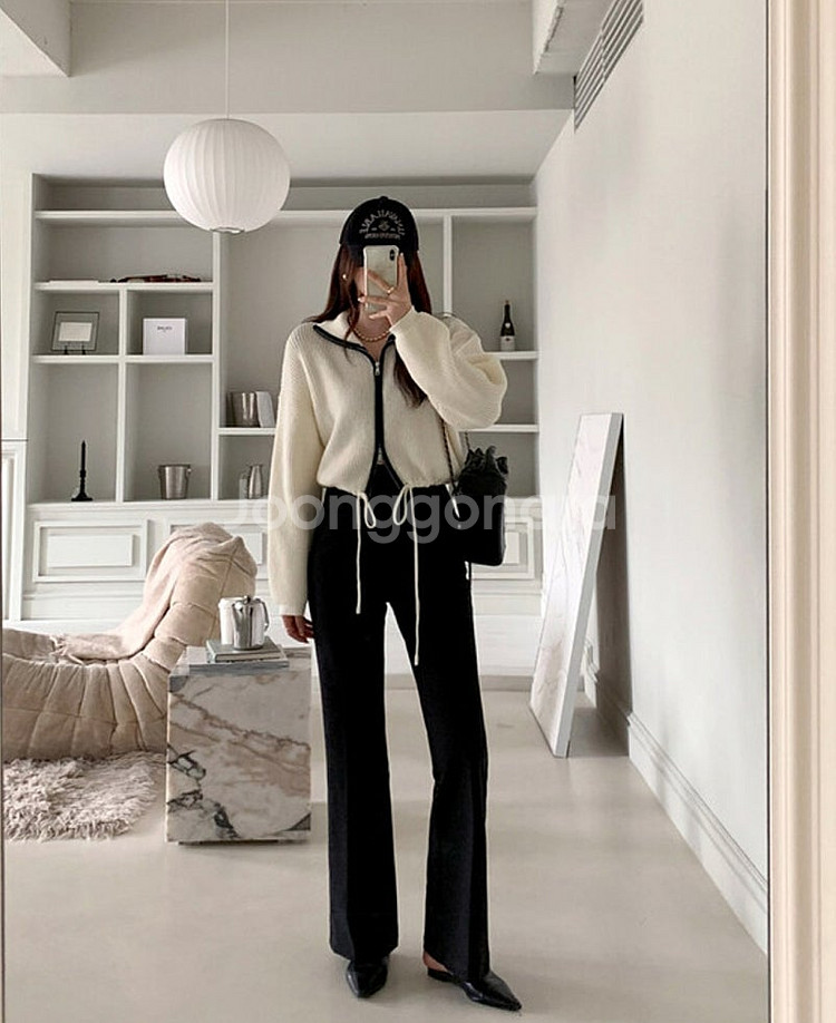 하이넥 스트링 니트 크롭 가디건 루즈핏 점퍼 자켓 아우터--1