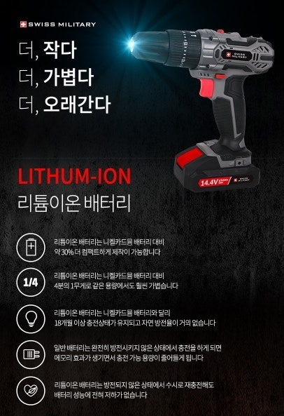 스위스 전동드릴 리튴배터리 14.4V 박스포함 해머드릴 무선형 6만급처--2
