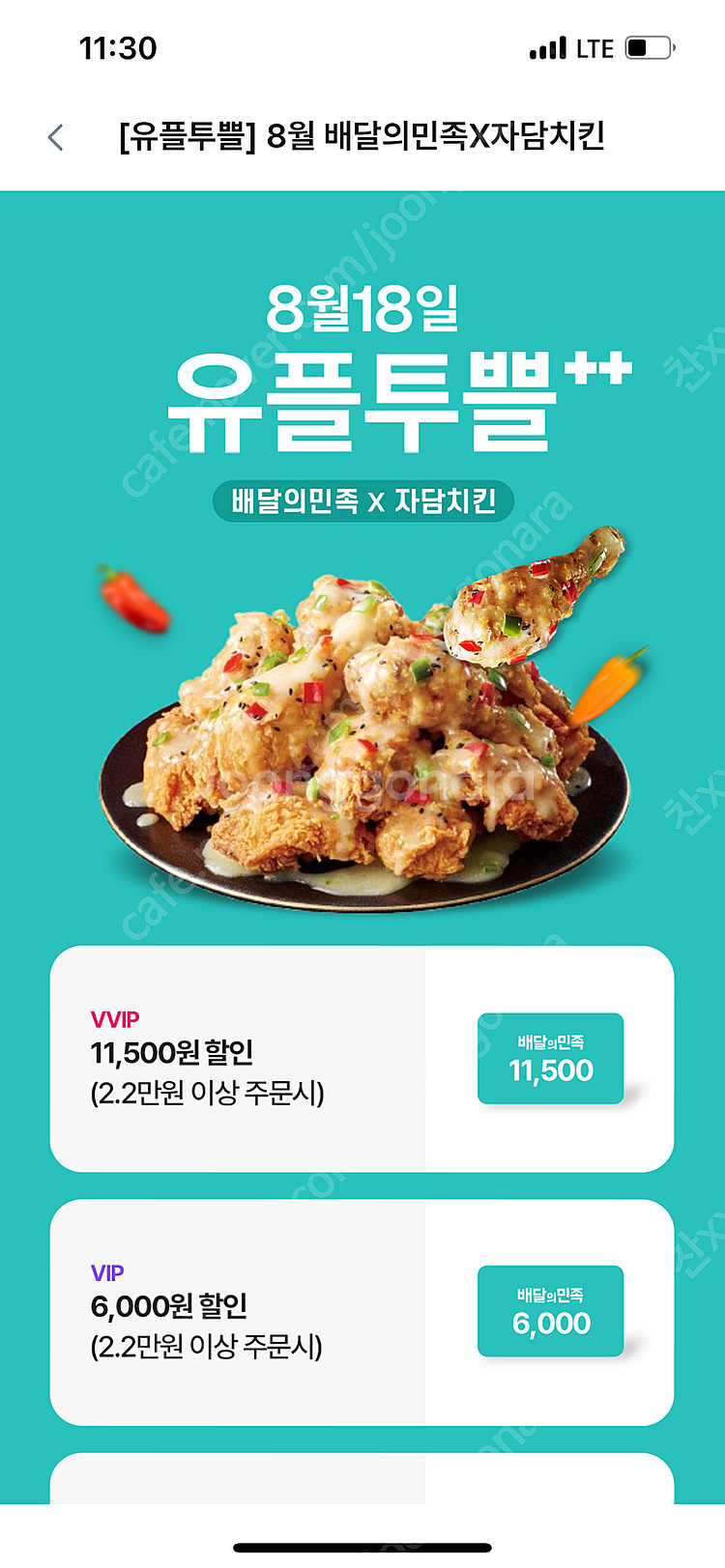 자담치킨 배민 11500원 할인권 4천에 팜--0