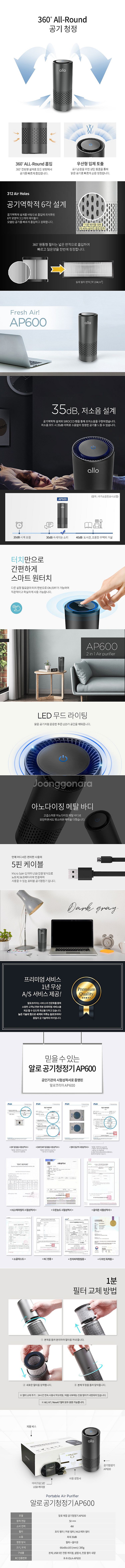 알로코리아 소형 공기청정기 AP600 차량용겸용 판매--4
