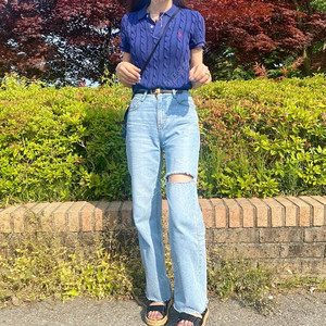 폴로 랄프로렌 여성 카라넥 케이블 반팔 니트(네이비)