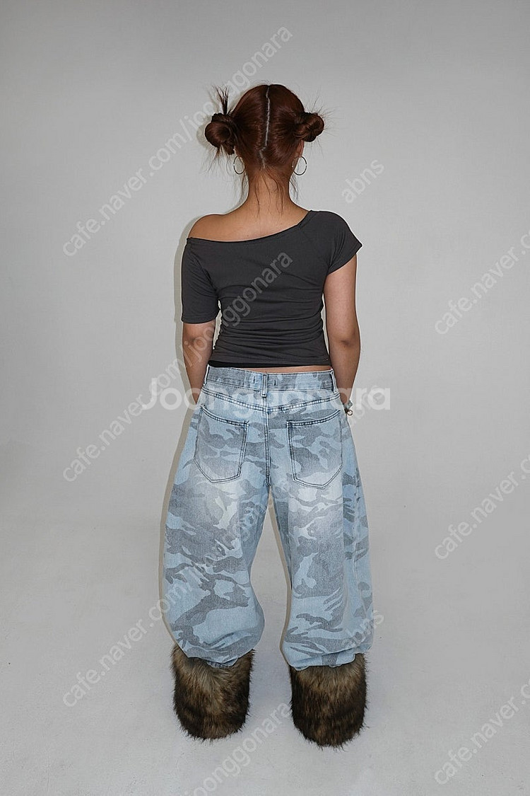 카모 데님 팬츠, 와이드 팬츠, 유니섹스 커브드진 판매합니다--3