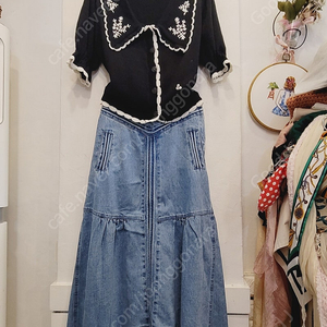 비이커 자수 카라 퍼프가디건. 편집샾 수입 핀턱 롱 데님 스커트