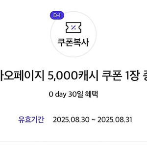 카카오페이지 5천캐시 1장 ~8/31