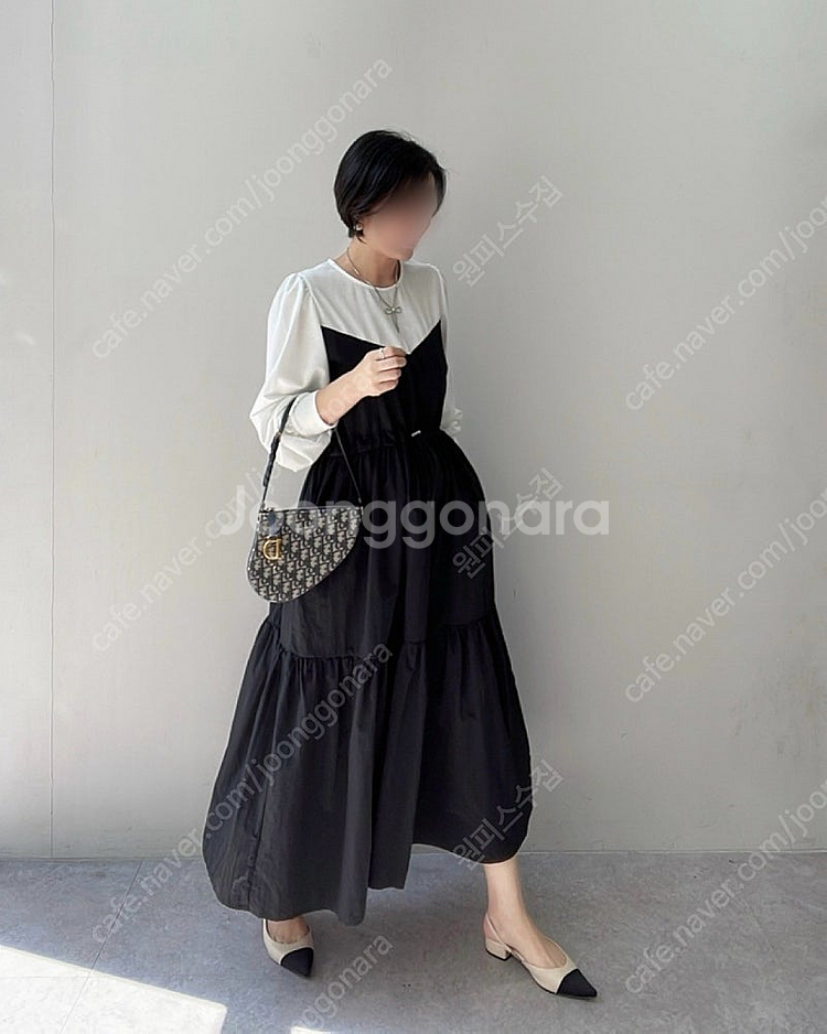 [미착용/새상품] 코튼 배색 스트링 바스락 롱 원피스--1