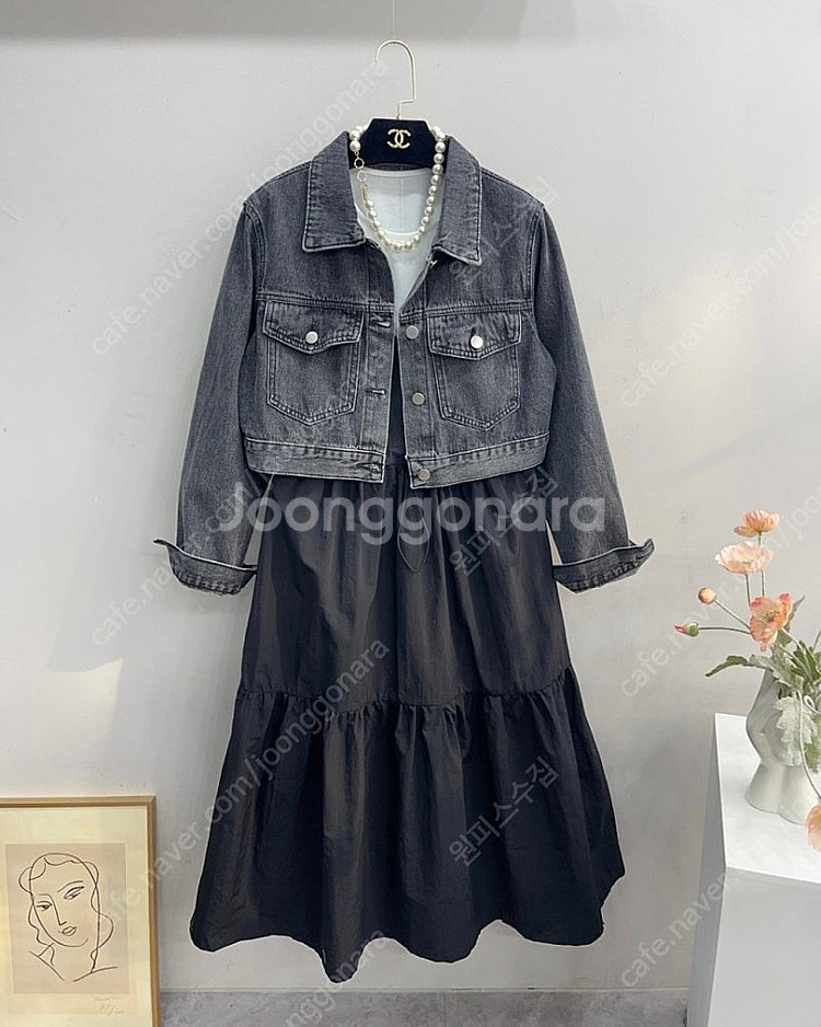 [미착용/새상품] 코튼 배색 스트링 바스락 롱 원피스--4