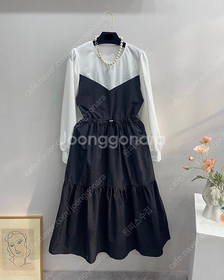 [미착용/새상품] 코튼 배색 스트링 바스락 롱 원피스--5