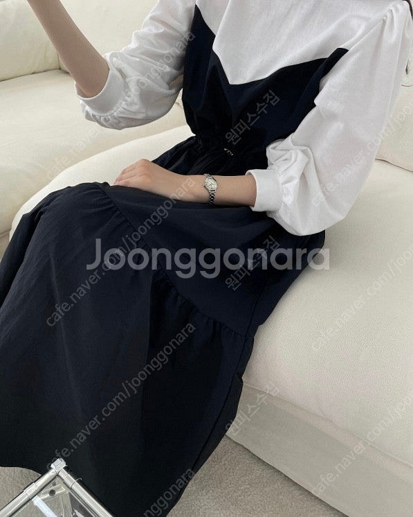 [미착용/새상품] 코튼 배색 스트링 바스락 롱 원피스--7