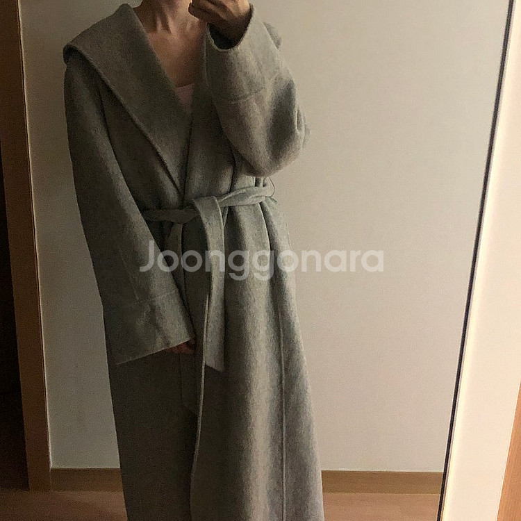 그레이 후드 롱 코트 울90 핸드메이드 숄카라 올드머니...--1