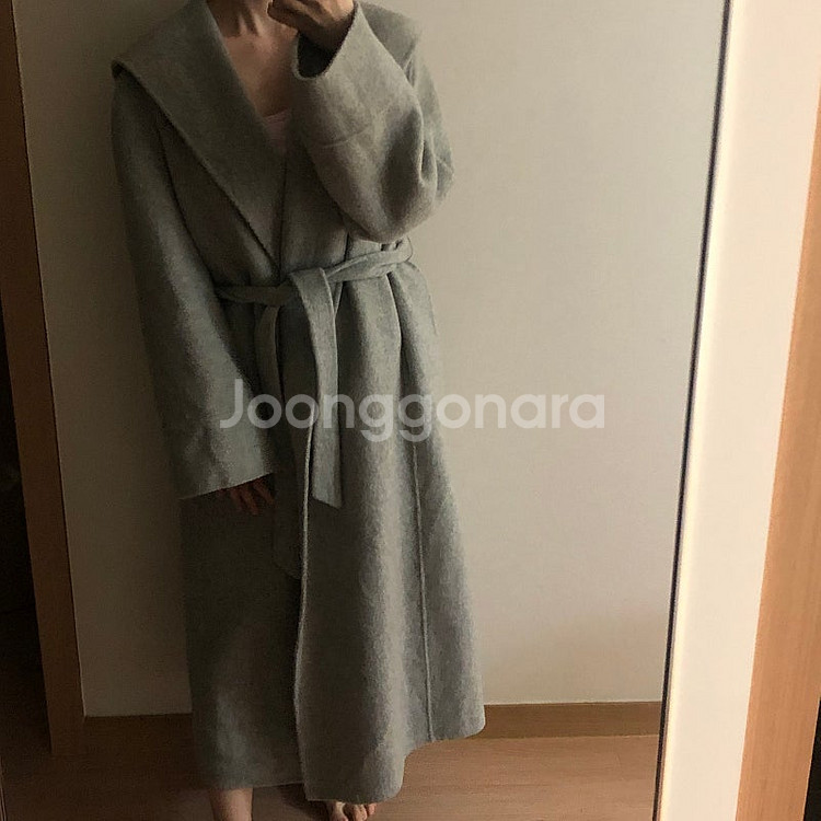 그레이 후드 롱 코트 울90 핸드메이드 숄카라 올드머니...--2