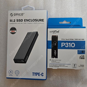 마이크론 Crucial P310 M.2 NVMe 4TB SSD, 오리코 Orico 알루미늄 외장+M.2 NVME 4TB SSD 2가지 총 8TB 풀박스 영상작업이 켄슬되서 판매합