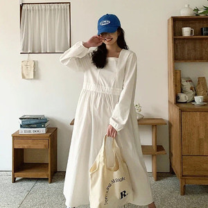 새상품/앙투 메르세스퀘어넥롱원피스 빅사이즈 박시한 여자옷 허리 스트링 리본 주머니 포켓 화이트 원피스
