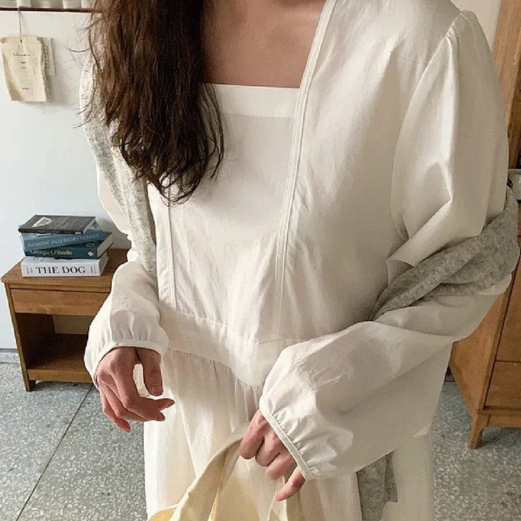 새상품/앙투 메르세스퀘어넥롱원피스 빅사이즈 박시한 여자옷 허리 스트링 리본 주머니 포켓 화이트 원피스 이미지