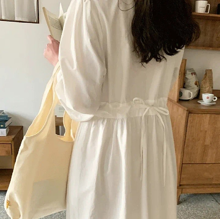새상품/앙투 메르세스퀘어넥롱원피스 빅사이즈 박시한 여자옷 허리 스트링 리본 주머니 포켓 화이트 원피스 이미지