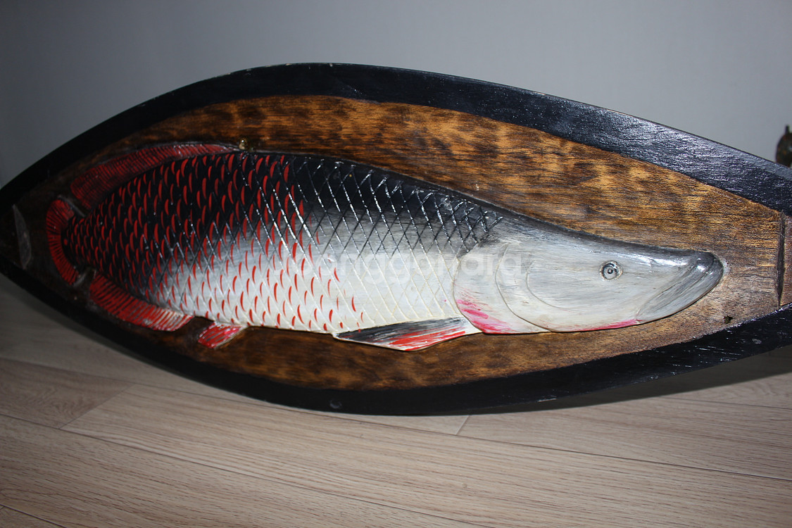 대형 삐라루꾸 브라질 아마존 물고기 원주민 목각액자--4