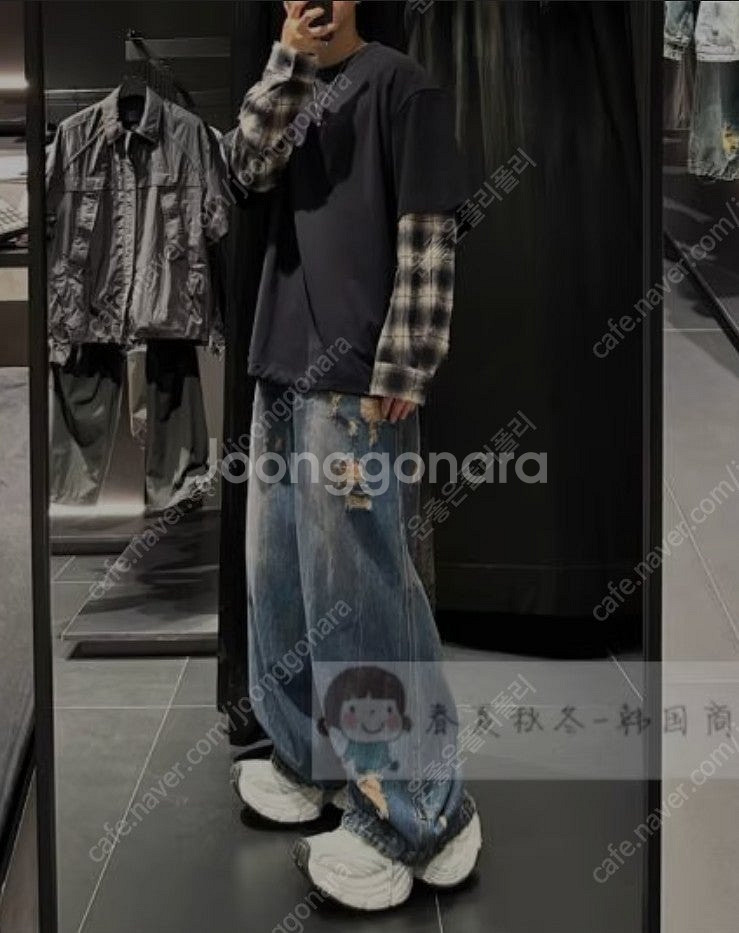 준지 레이어드 롱슬리브 체크듀얼에센셜셔츠블루종반팔바람막...--3