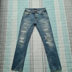 완료) 누디진 grim tim 22 months destroyed repair vintage wash jean 그림팀 22먼스 디스트로이드 연청워싱진.