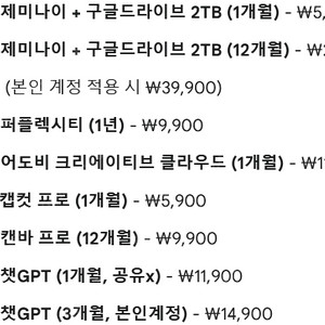 제미나이Gemini 1,12개월 , 챗지피티chatgpt 1,3개월, 퍼플렉시티perplexity 12개월 급처