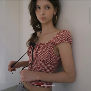 오버듀플레어 체크 블라우스 RIBBON HEART NECK VOLUME BLOUSE_RED CHECK