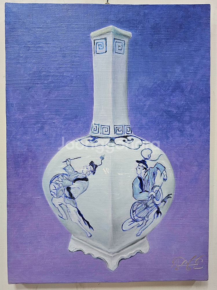 (원화) 8호 캔버스 유화그림 청화백자 농악놀이문 각주...--0